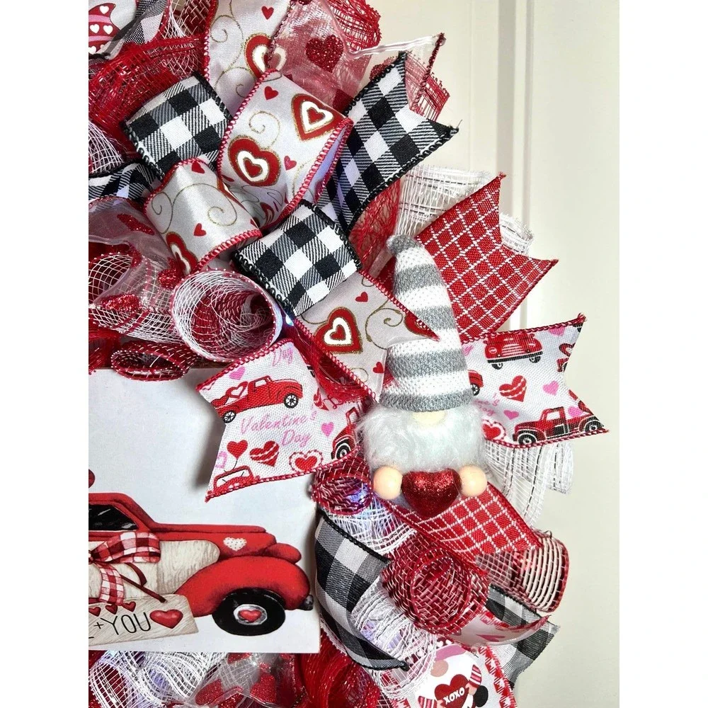 Handmade Valentine’s Gnome LOVE Truck Ribbon Prelit Wreath 22 ins LED W15